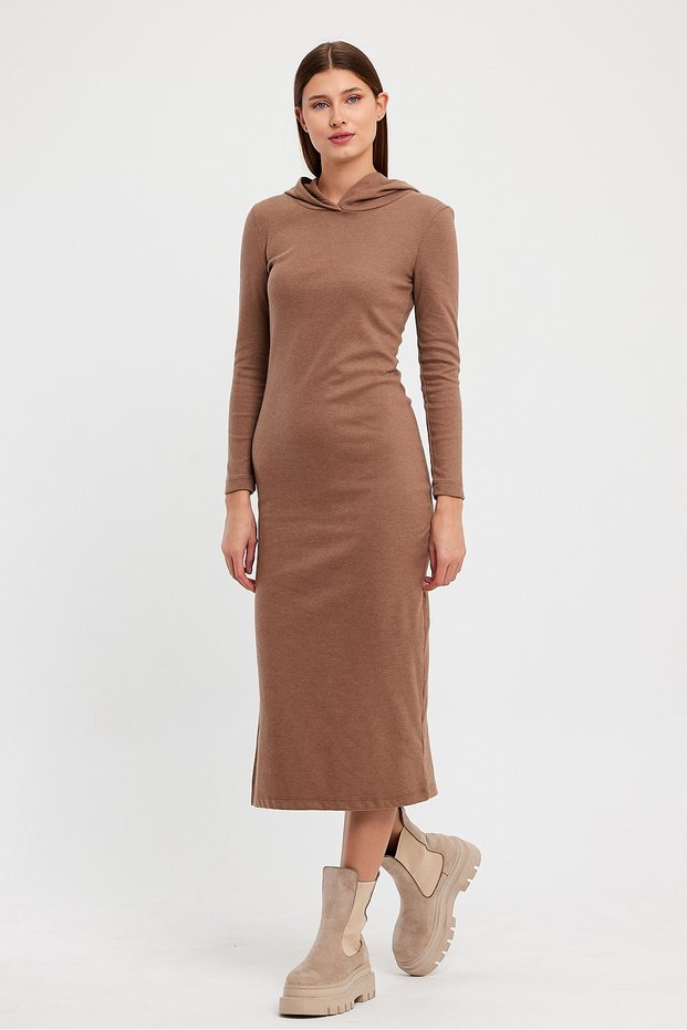 Yumoş Quality Hooded Slit Pencil Dress Milk Brown