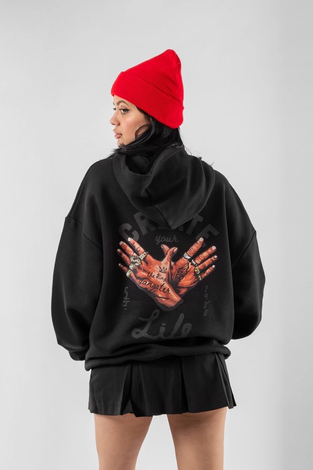Free Gangster Printed Oversize Unisex Black Hoodie