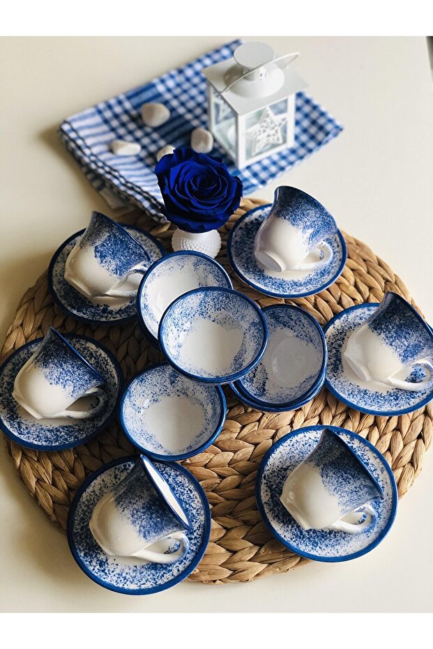 Dentadesign Gift Blue Set of 6 Turkish Coffee Cups and Ceramic Set of 6 Snacks