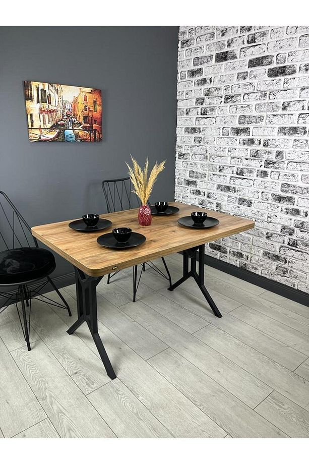 Sultan Ceviz Mutfak Yemek Masası Balkon Masası Kavisli Köşe Metal Siyah Ayak 120*80 Cm - 1
