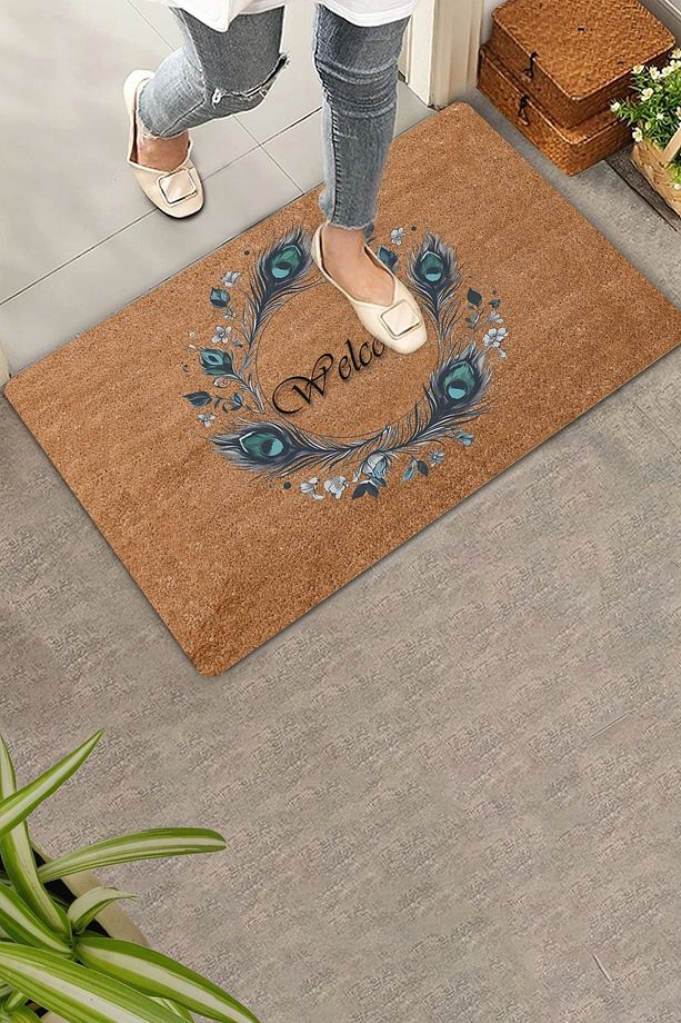 Göz Değmesin Tavus Kuşu Tüyü Welcome Kapı Önü Paspası 45x70cm - 6
