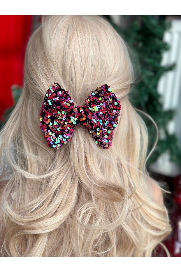 New trend luxury shiny light up rotary pink red sequin velvet big bow metal clip buckle no2