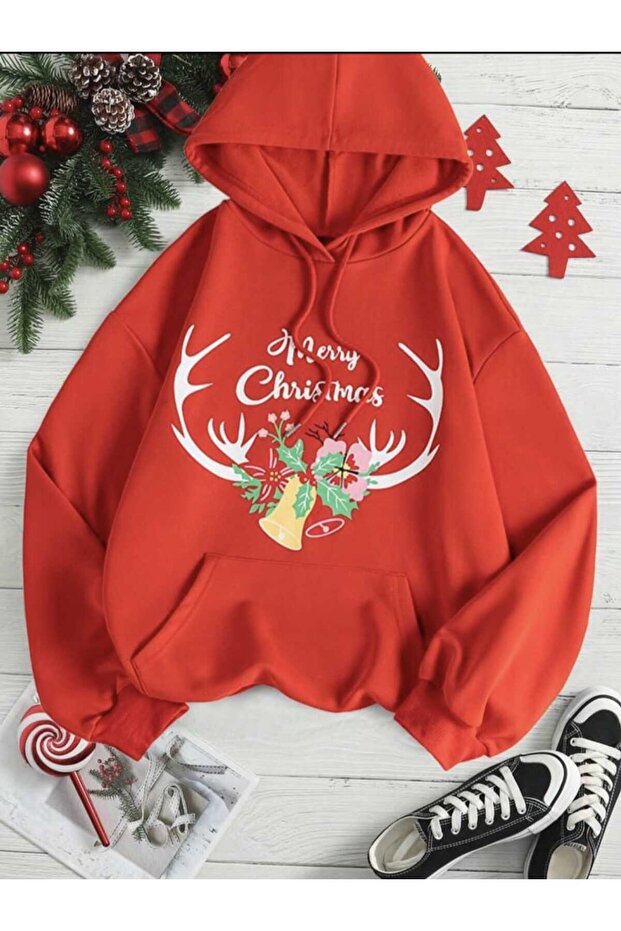 Red New Year Printed Hooded Kangaroo Pocket Unisex Oversize Sweatshirt