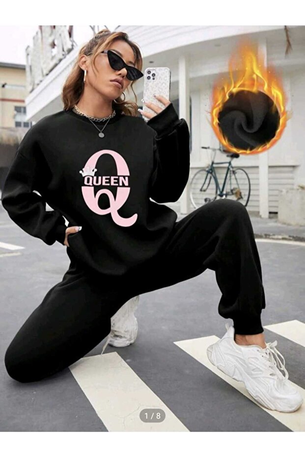 Queen Printed Bottom Top Crew Neck Women's Suit Oversize Tracksuit Boyfirend