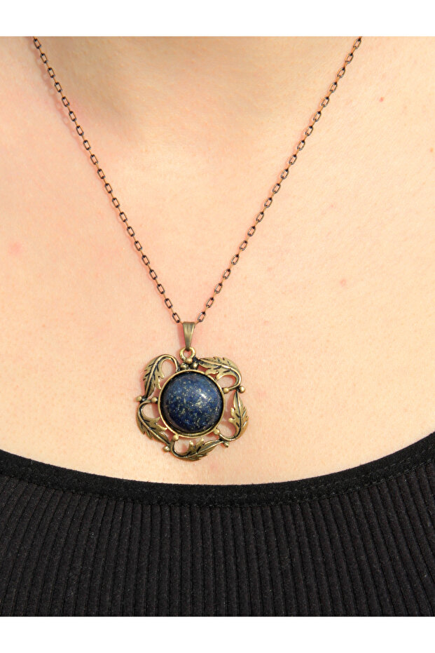 Natural Stone Lapis Natural Stone Authentic Women's Round Necklace with 45 Cm Chain