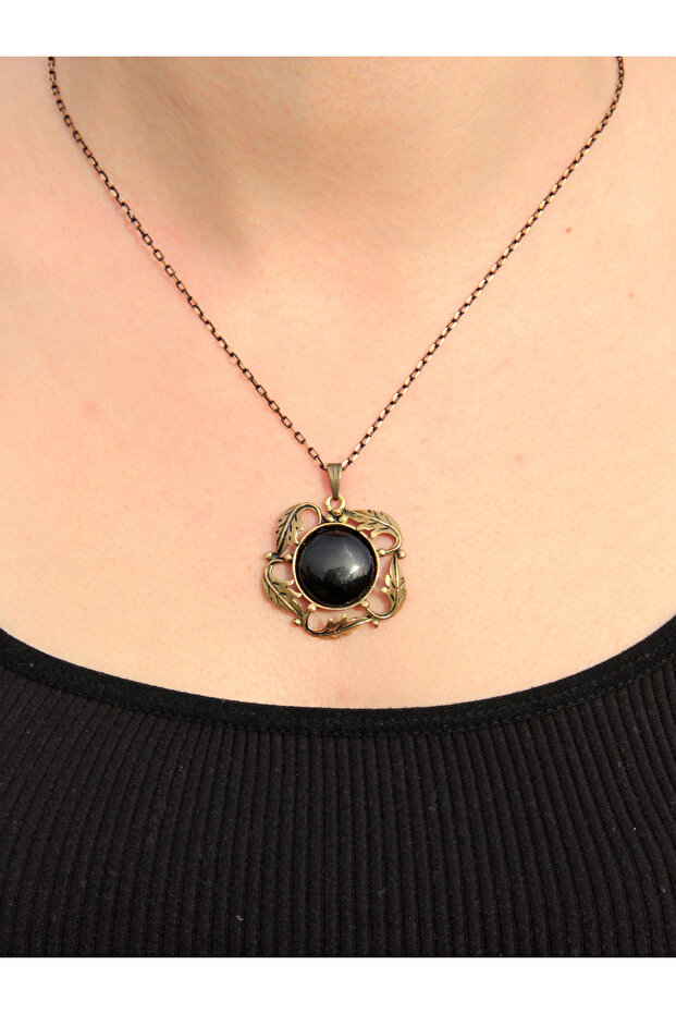 Natural Stone Onyx Natural Stone Authentic Women's Round Necklace with 45 Cm Chain