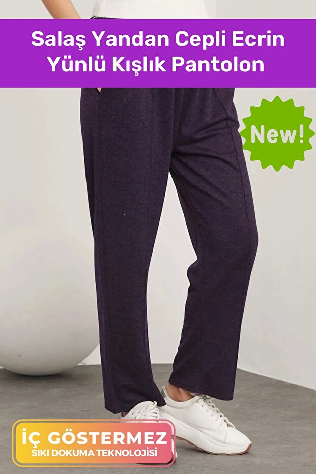 New Season Anti-Sweat Comfortable Fit Elastic Waist Wide Leg Loose Ecrin Wool Trousers with Side Pockets