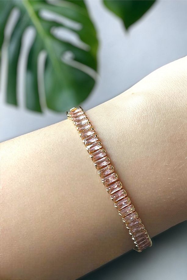 Pembe Zirkon Taşlı Baget Model Su Yolu Gold Bileklik - 4