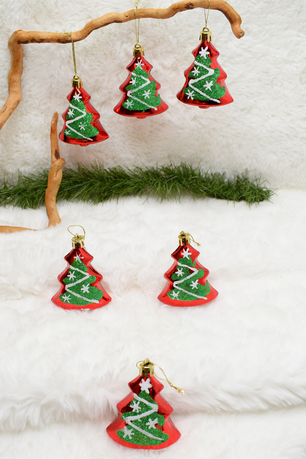 6-Piece Pine Tree Ornament Red-Green Christmas Ornament 8cm