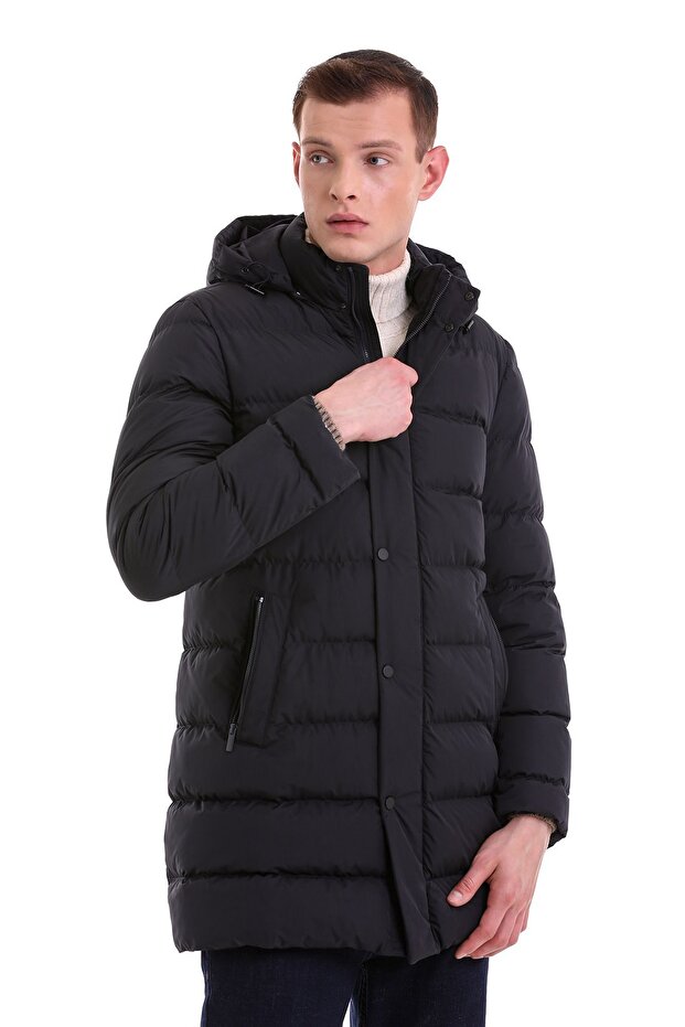 Lacivert Slim Fit Hakim Yaka Kapüşonlu Basic Kaban - 5