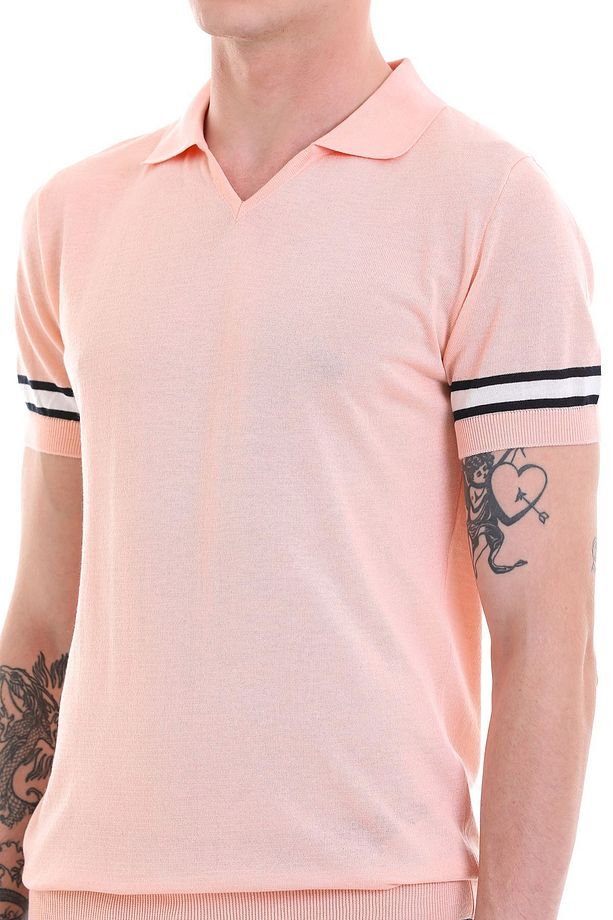 Pembe Slim Fit Çizgili Polo Yaka Triko Tişört - 5