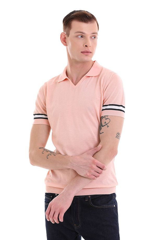 Pembe Slim Fit Çizgili Polo Yaka Triko Tişört - 4