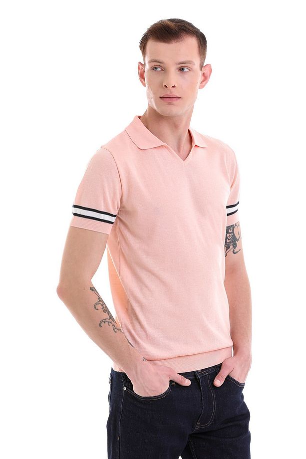 Pembe Slim Fit Çizgili Polo Yaka Triko Tişört - 3