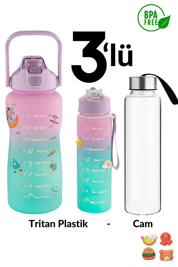 Su Matarası 3lü Su Şişesi Motivasyonlu 2 Litre Su Matarası 750 ml 300 ml Yavrulu Sporcu Matarası - 1