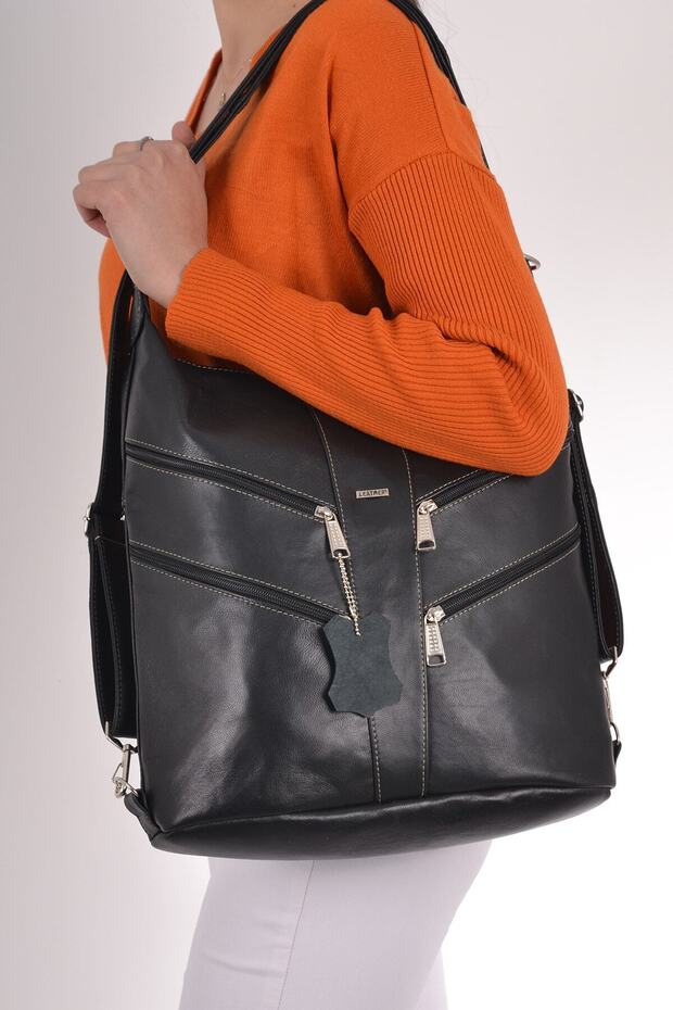 Women's Black Genuine Leather Shoulder and Backpack