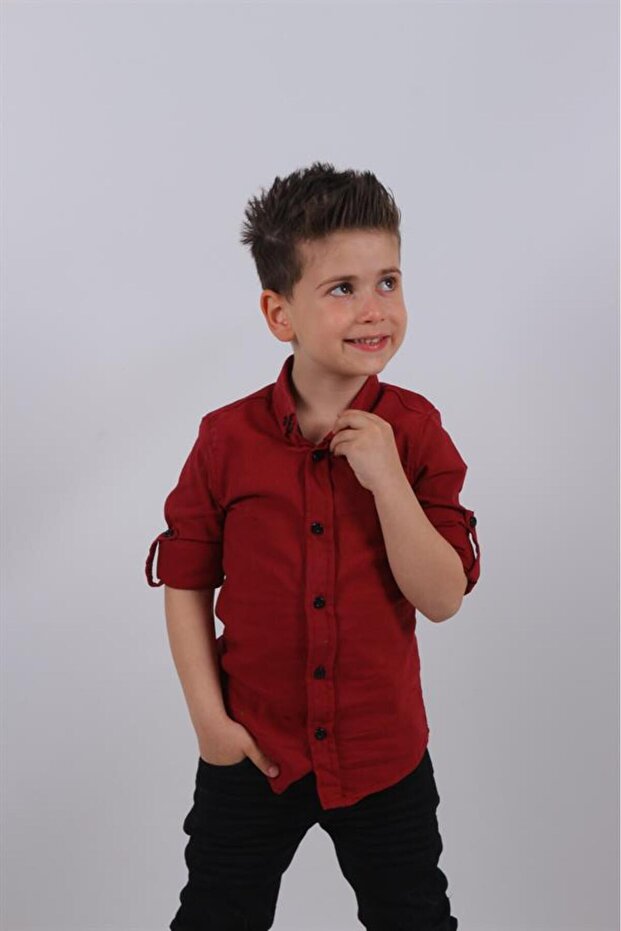 قميص أساسي باللون الأحمر الداكن للأولاد بأكمام قابلة للطي - 1