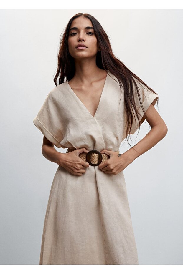 Kemerli Keten Elbise - 1