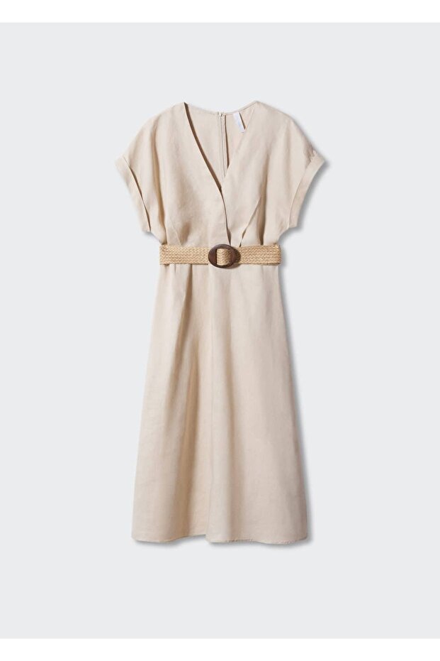 Kemerli Keten Elbise - 3