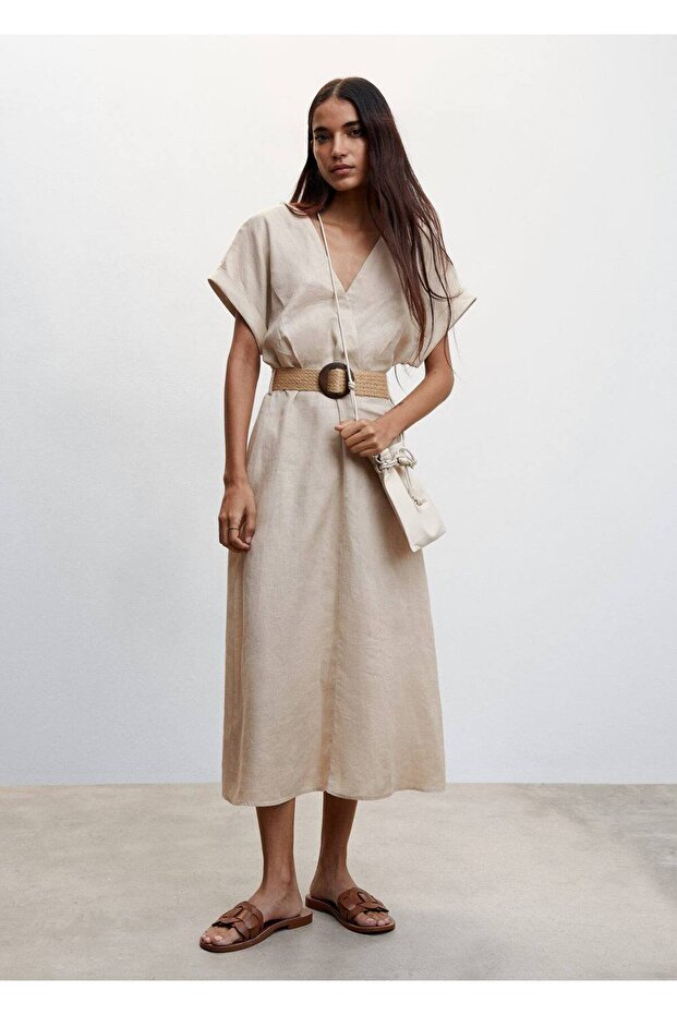 Kemerli Keten Elbise - 2