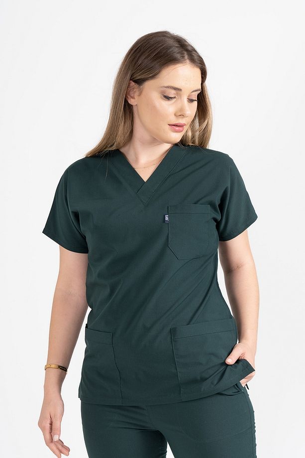 Tek Üst Avcı Yeşili Likralı Unisex Medikal Hemşire Ve Doktor Üniforması Cerrahi Giyim - 6