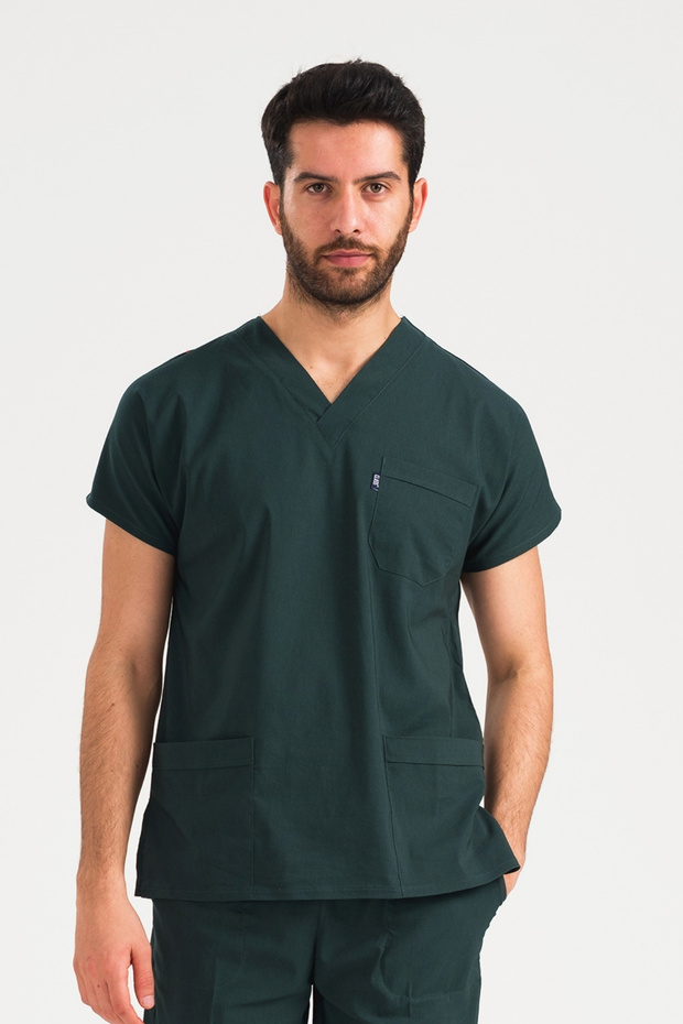 Tek Üst Avcı Yeşili Likralı Unisex Medikal Hemşire Ve Doktor Üniforması Cerrahi Giyim - 4