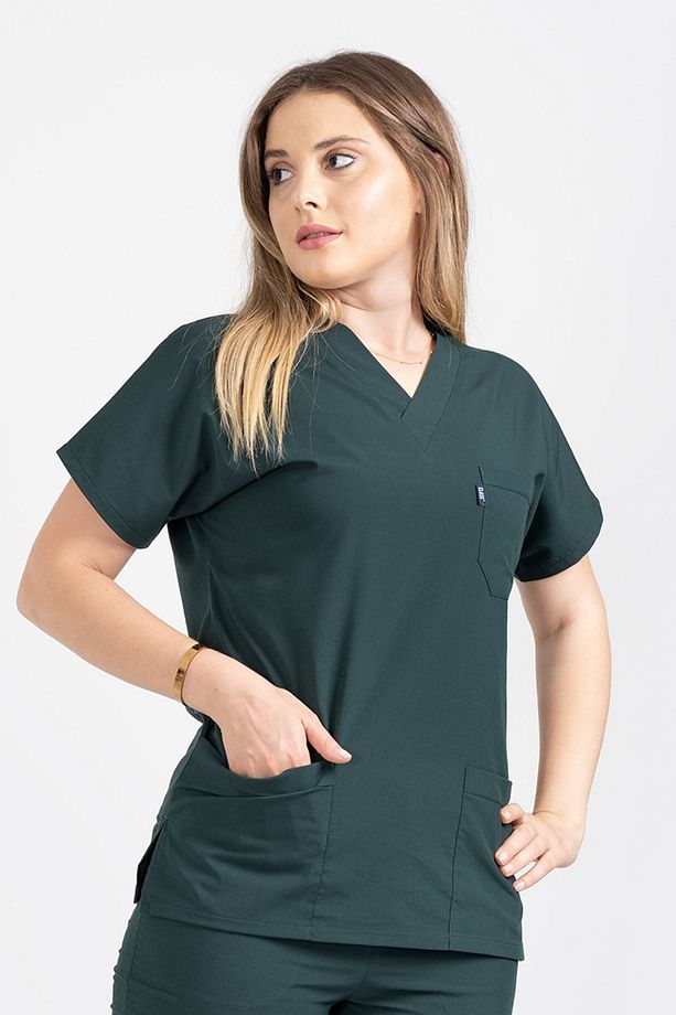 Tek Üst Avcı Yeşili Likralı Unisex Medikal Hemşire Ve Doktor Üniforması Cerrahi Giyim - 7