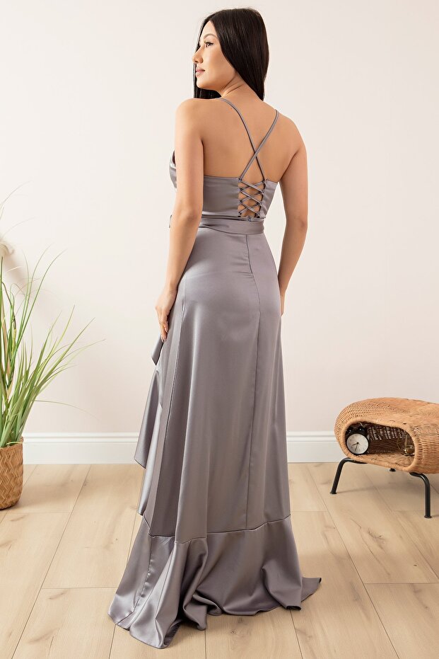 Saten Askılı Fırfılı Elbise 13385 - 6