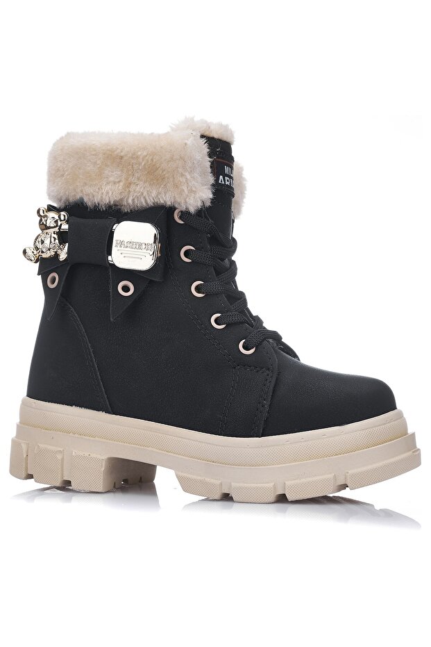 Casual Children's Winter Black Boots Fur Lace up Zippered Patterned Sole Shoes F200