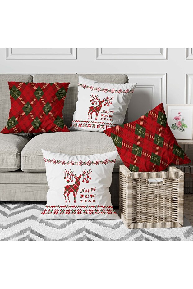 Menesa Home New Year's Themed Deer Patterned 4-Piece Digital Printed Gift Pillow Throw Pillow Cover Set
