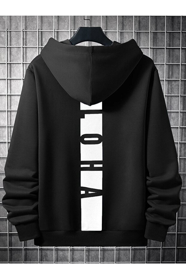Navy Blue Back Aloha Printed Oversize Hooded Men's Sweatshirt
