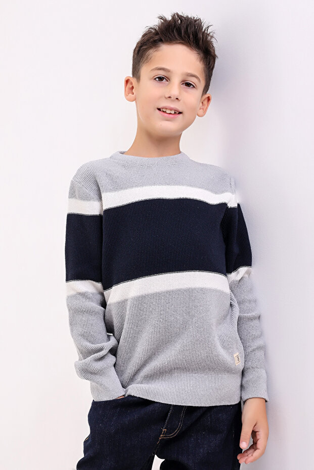 İZMİR BOY'S LIGHT GRAY CYCLING COLLAR STRIPED KNITWEAR SWEATER