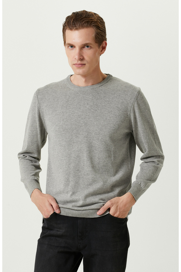 Gray Melange Crew Neck Sweater - 1