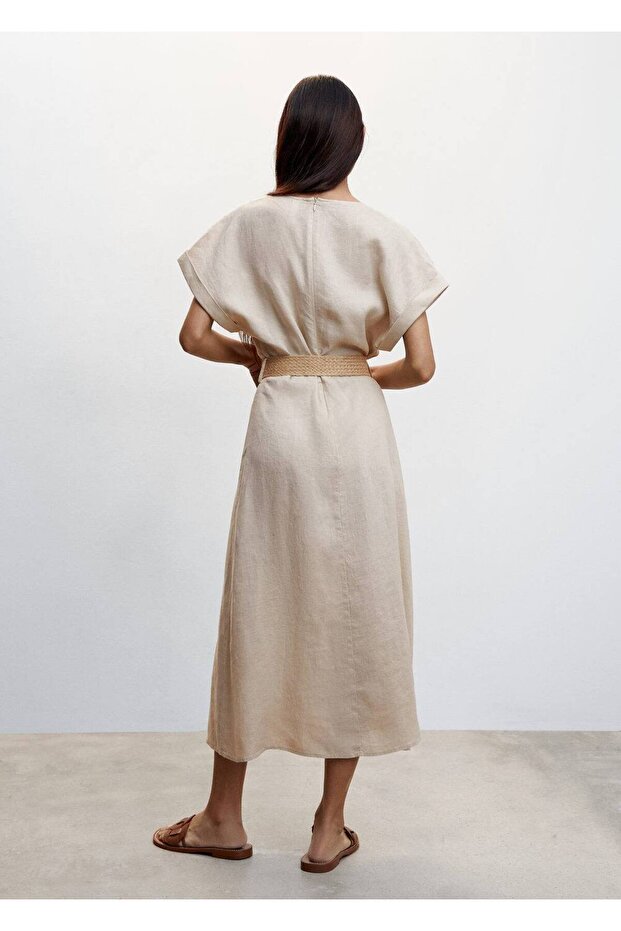 Kemerli Keten Elbise - 4