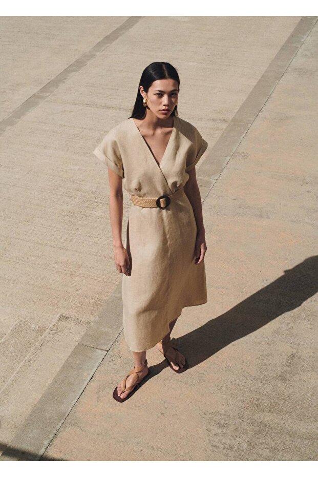 Kemerli Keten Elbise - 5