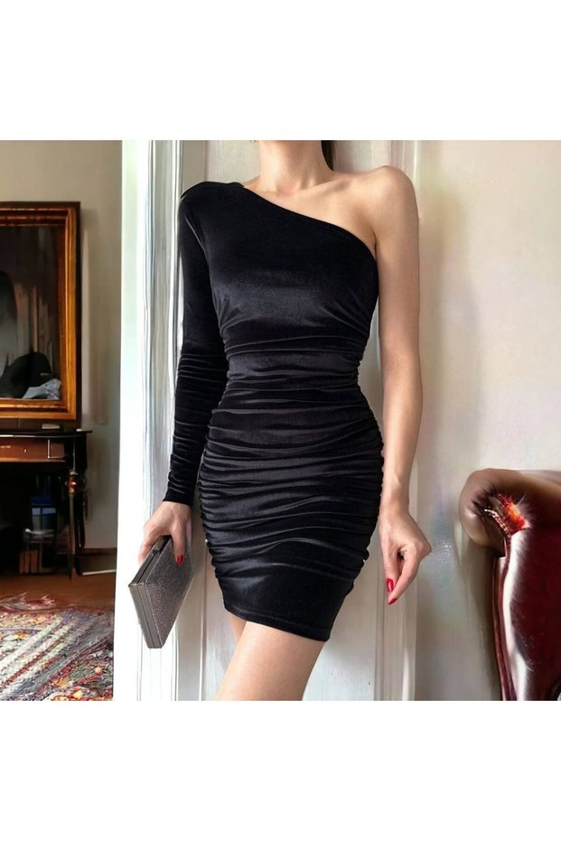 FLEXIBLE VELVET FABRIC BLACK COLOR ONE SLEEVE EVENING DRESS GL-717 582333