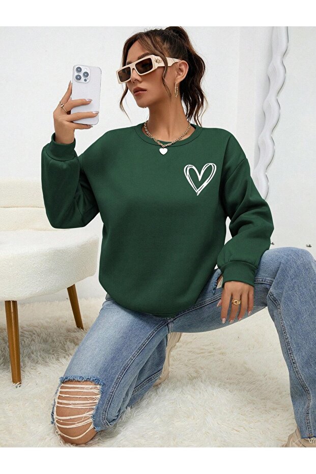 Women's Navy Blue Striped Heart Printed Crew Neck Oversize Sweatshirt