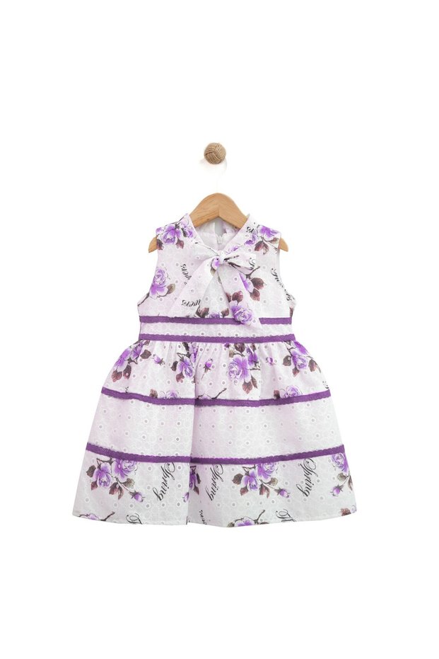 Summer Floral Patterned Girl's Dress - Broderie Anglaise Details and Stylish Bow