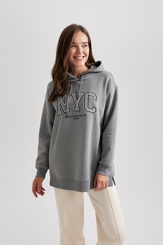 Hooded Printed Thick Sweatshirt Tunic