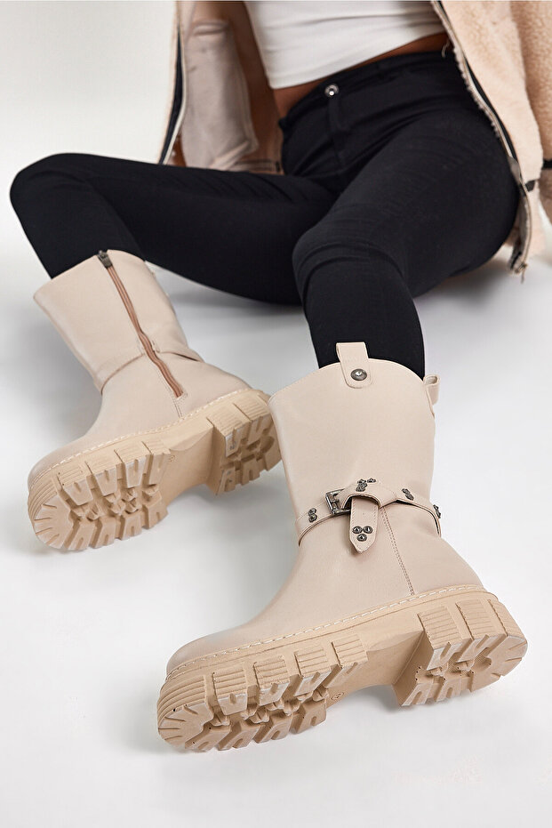 Women's Skin tone Tonny Black Comfortable Fit Buckle Boots