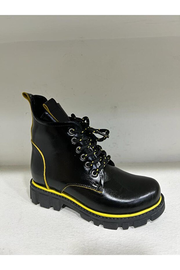 Children's Genuine Leather Boots Yellow Cut Black Patent Leather