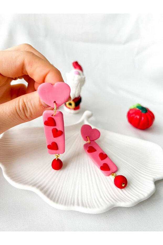 Small Heart Detailed Dangle Polymer Earrings Special for Valentine's Day