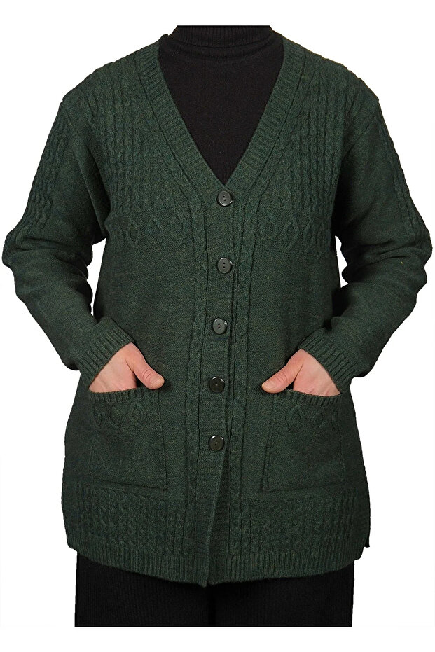 Plus Size Women's Khaki Green Short Button Cardigan - Women's Plus Size Button Short Khaki Green Cardigan