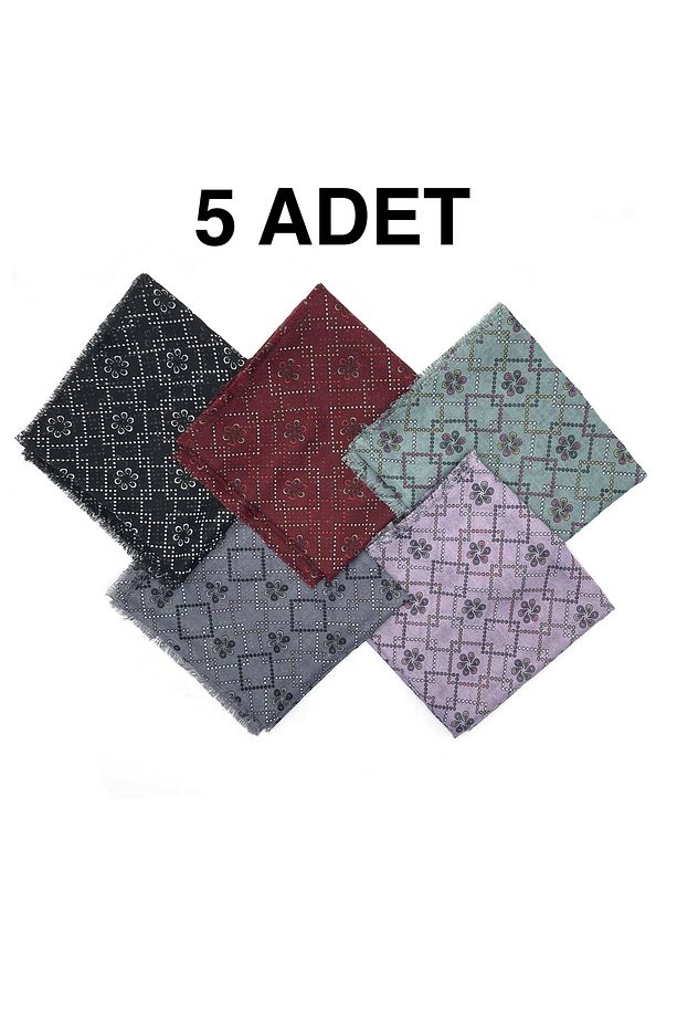 5'li Set Çiçekli Etnik Desen Flamlı Pamuklu Yazma Hediyelik Eşarp 100x100cm Toptan Dağıtmalık - 1