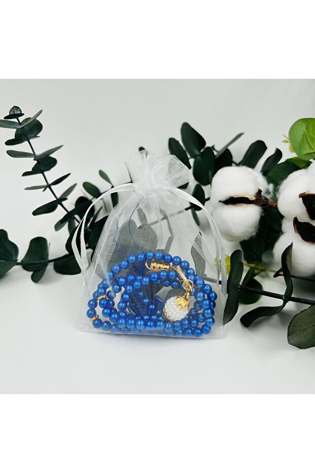 10 Pieces of Sax Blue Gift Tulle Pouch Pearl Prayer Beads (Mevli̇d-Hac-Umre-Sünnet)
