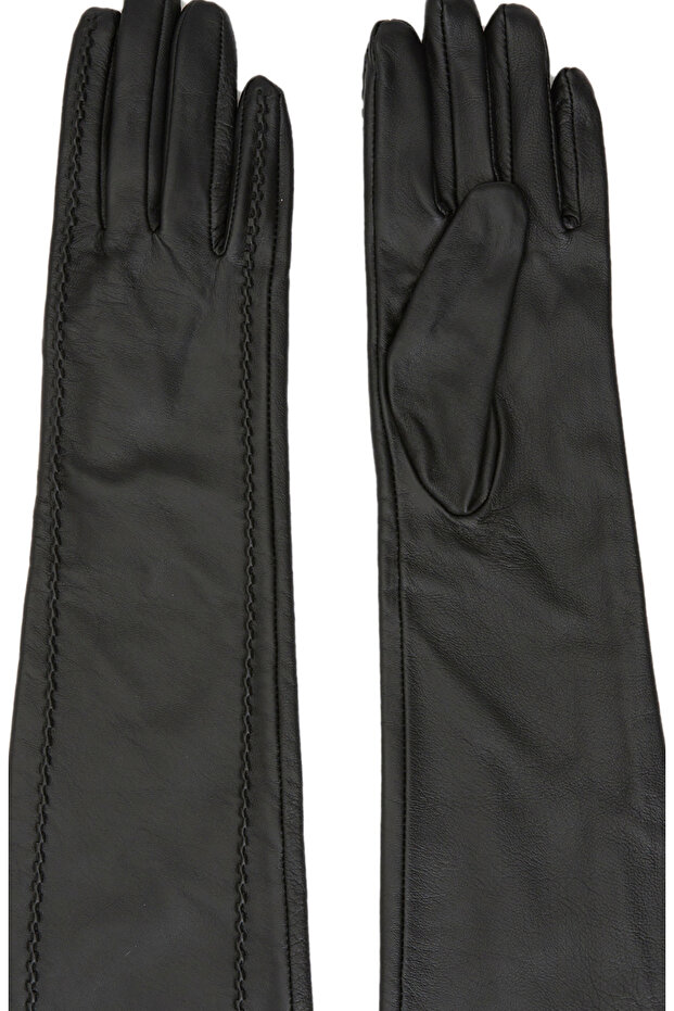 Siyah Dikiş Detaylı Kadın Deri Eldiven - 2