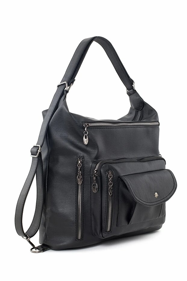 Women's Black Soft Washed Leather Both Shoulder and Backpack and Crossbody Bag