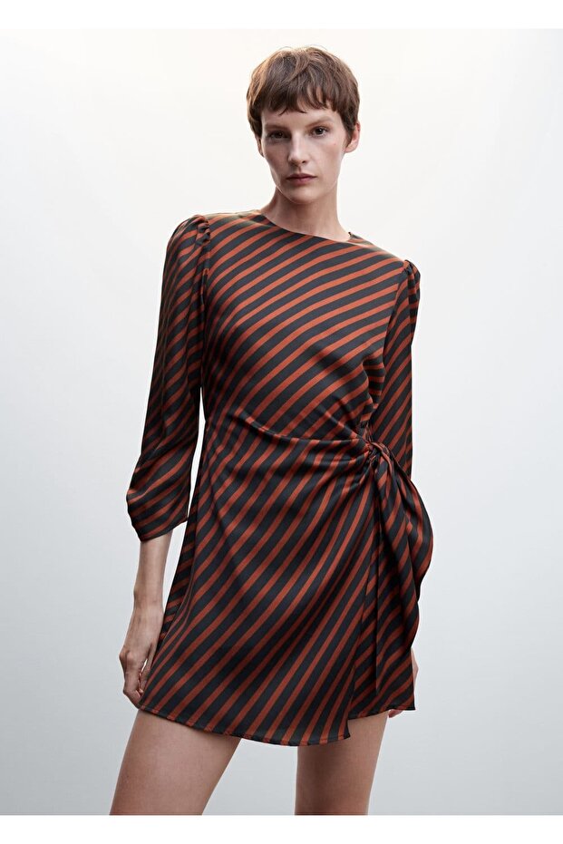 Düğümlü Çizgili Elbise - 1