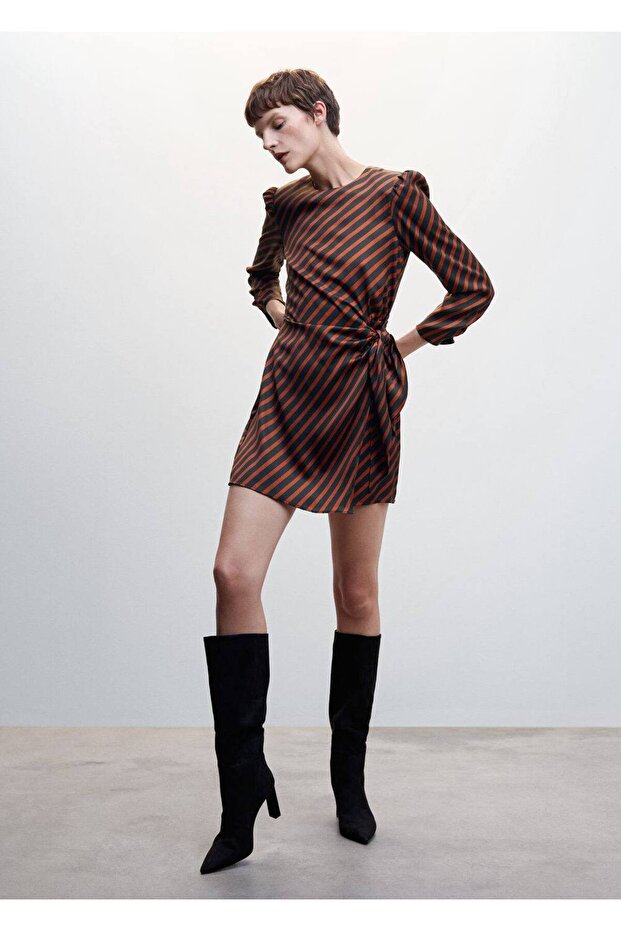 Düğümlü Çizgili Elbise - 2