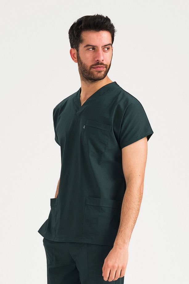 Tek Üst Avcı Yeşili Likralı Unisex Medikal Hemşire Ve Doktor Üniforması Cerrahi Giyim - 3