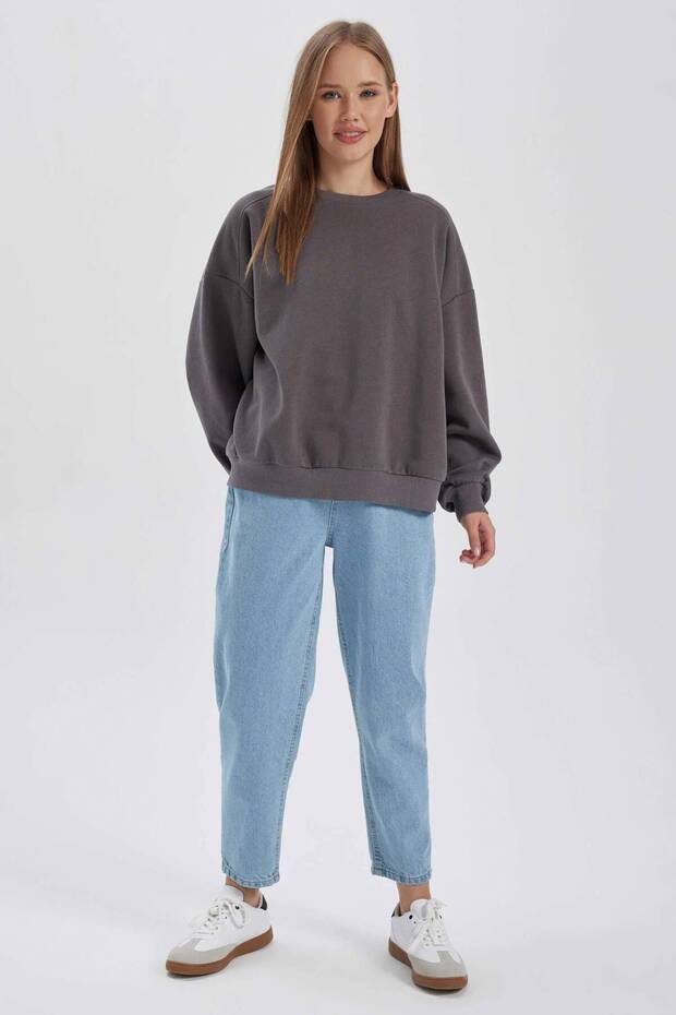 Coool Oversize Geniş Kalıp Bisiklet Yaka Basic Düz Sweatshirt (25 WN) - 2